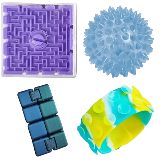 Curated sensory kit with tactile tools for regulation and hands-on exploration.